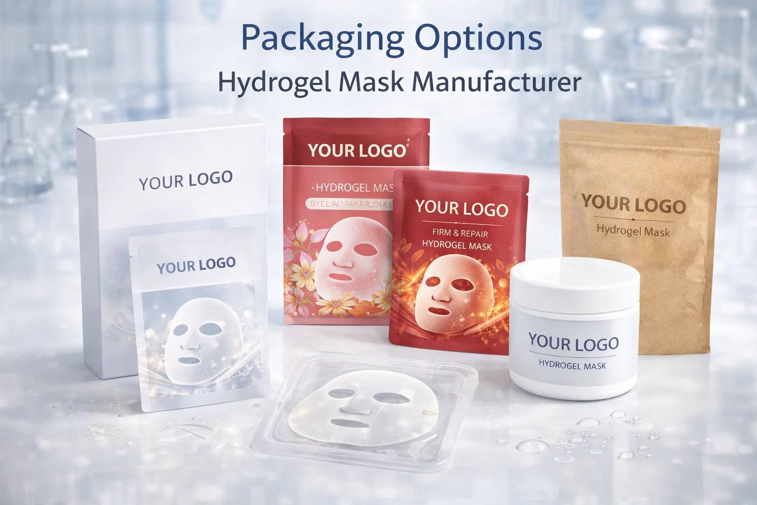 Various packaging designs for hydrogel masks displayed, including boxes, jars, and packets with customizable logos.